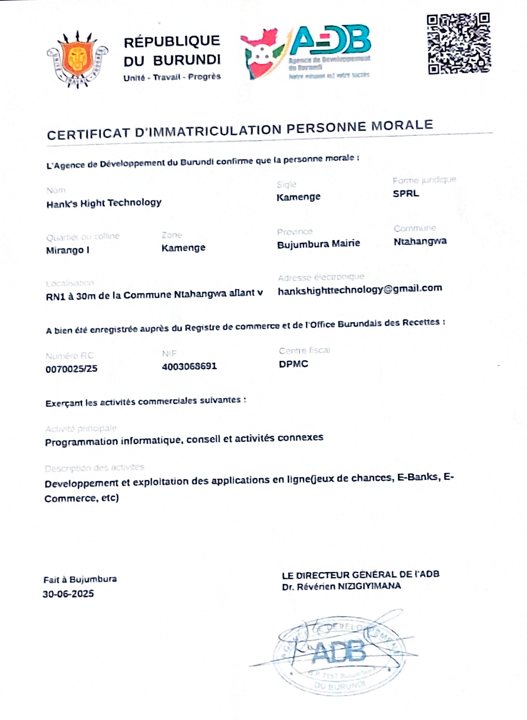 Certificat d'enregistrement